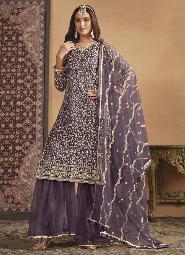 Net Lavender Eid Wear Embroidery Work Sharara Suit